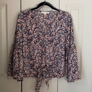 Lovestitch Floral Tie-Front Blouse - Pink, blue and grey